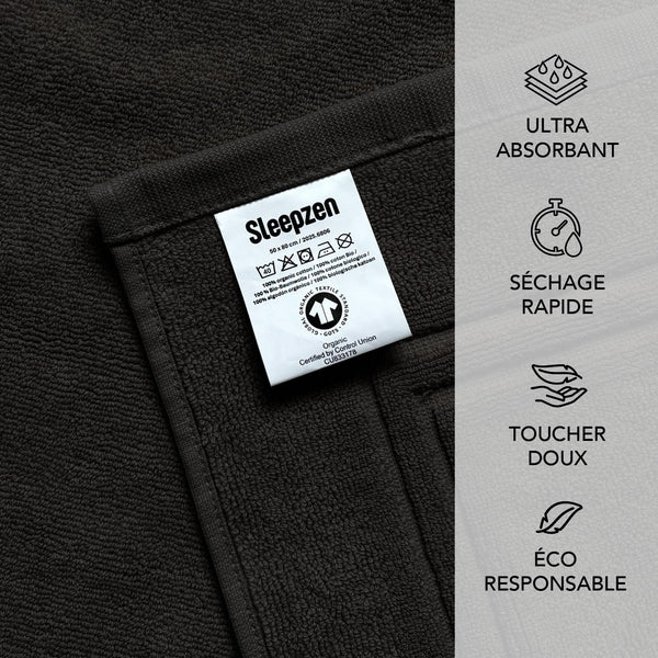 SLEEPZEN Lot de 2 Tapis de Bain 50x80cm Noir - 100% Coton Bio Certifié GOTS 800gr/m2 - Tapis Salle de Bain - Tapis Absorbant, 3 Couleurs, Lavable en Machine - Très Doux, Moelleux, Épais