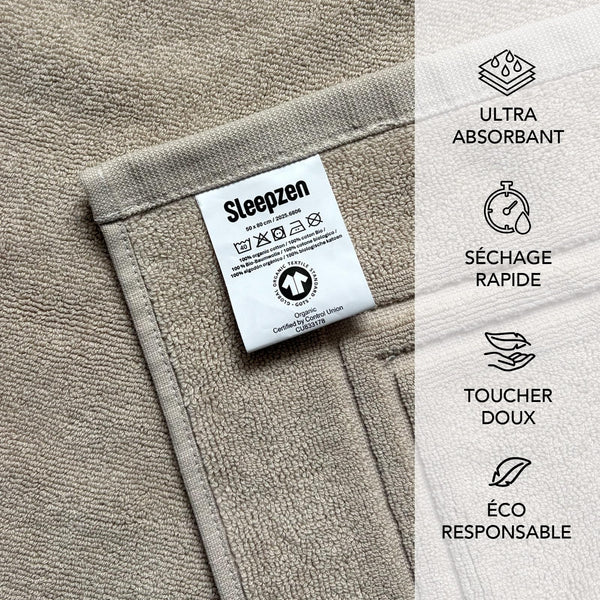 SLEEPZEN Tapis de Bain 50x80cm Beige (x1) - 100% Coton Bio Certifié GOTS 800gr/m2 - Tapis Salle de Bain - Tapis Absorbant, 3 Couleurs, Lavable en Machine - Très Doux, Moelleux, Épais